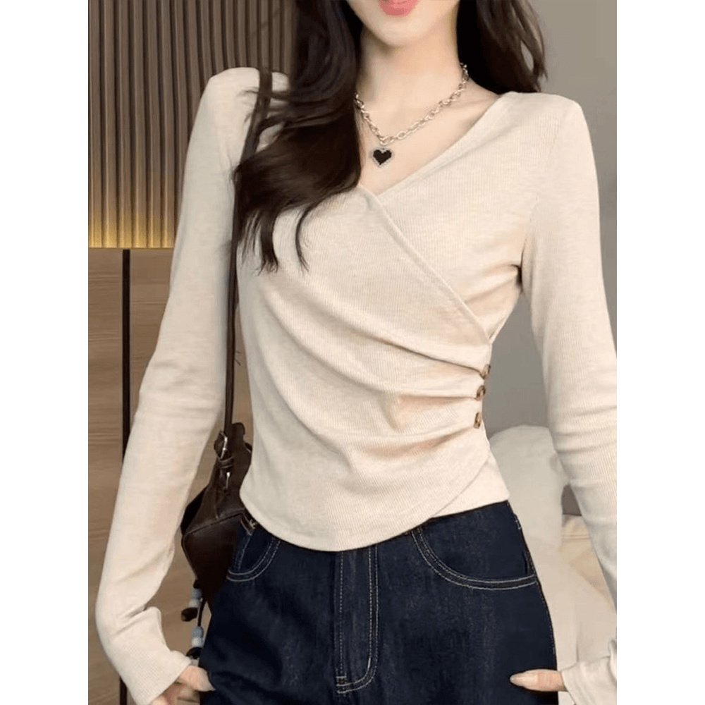 韩系不规则v领长袖t恤女秋冬季小个子修身短款收腰正肩打底衫上衣