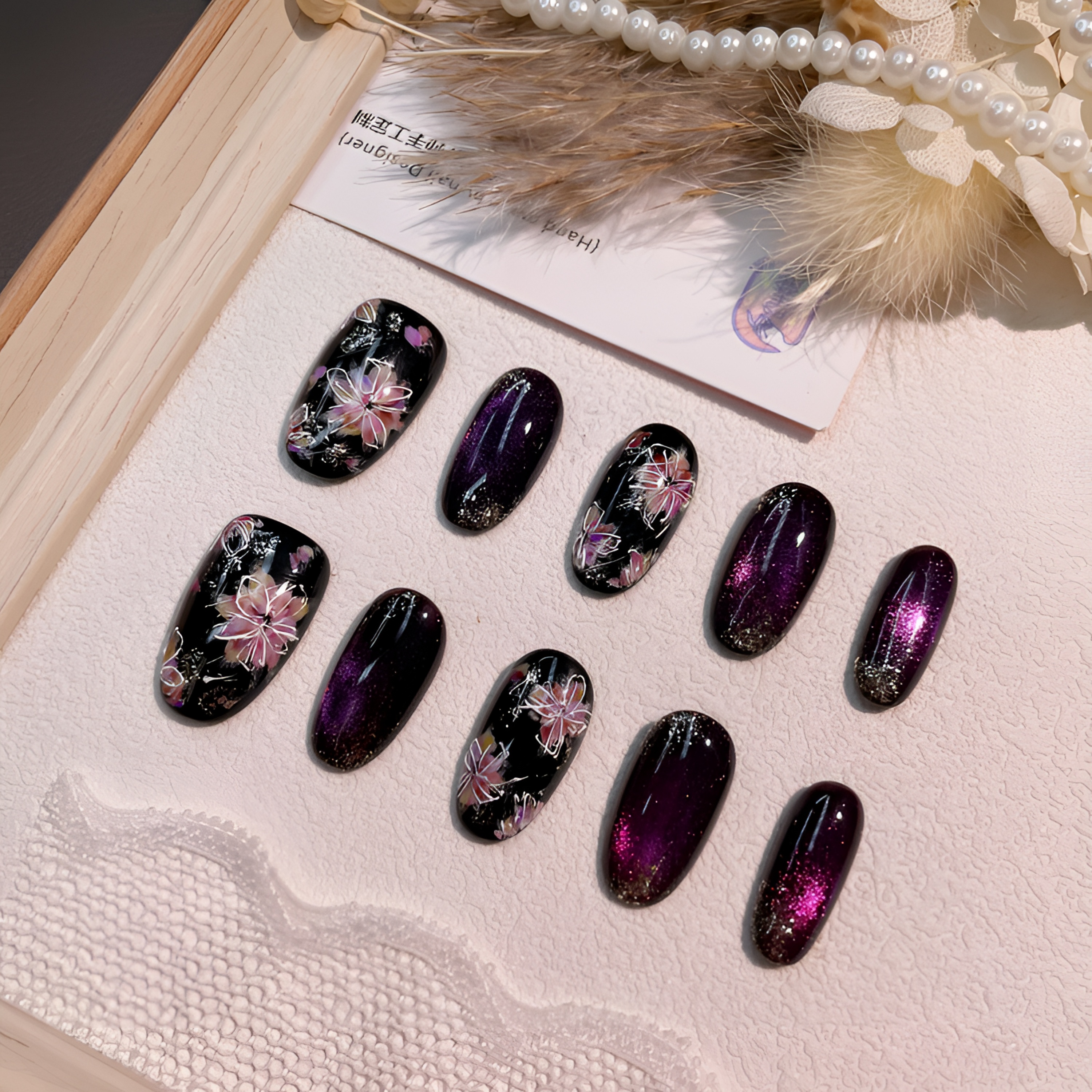 A2067『玄紫鎏花』手绘琉璃彩绘胶多层晕染小笔花灵珠纯手工穿戴甲