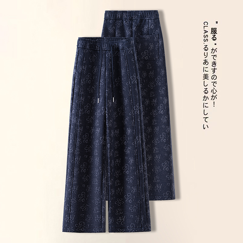 加绒提花阔腿裤女2025秋冬新款松紧腰宽松显瘦柔软大码休闲直筒裤