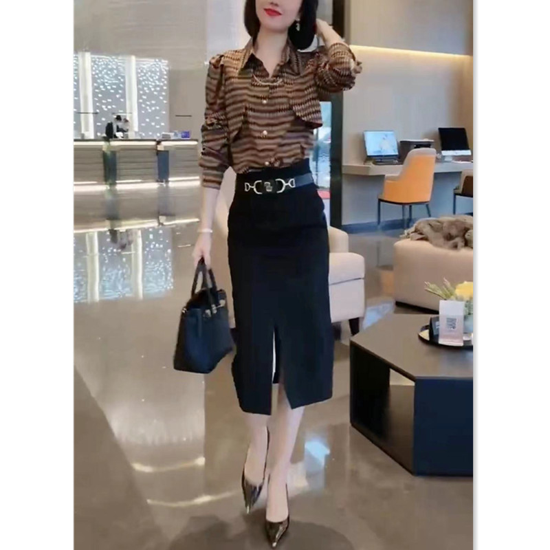 春季新款翻领长袖衬衫高腰包臀裙修身显瘦女