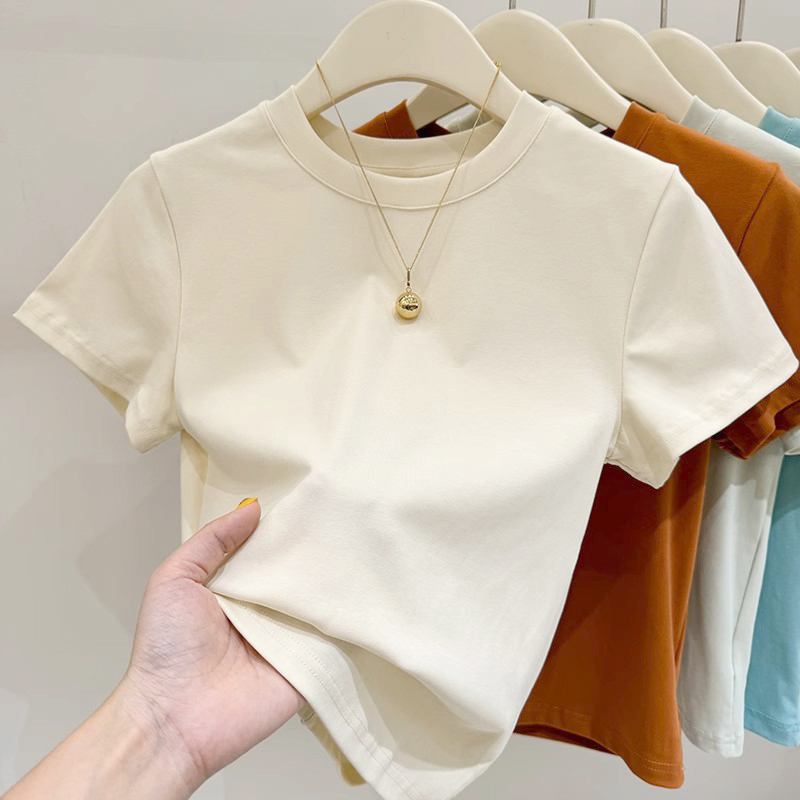 正肩短袖纯棉白色t恤夏季新款洋气打底衫女百搭圆领短款百搭上衣