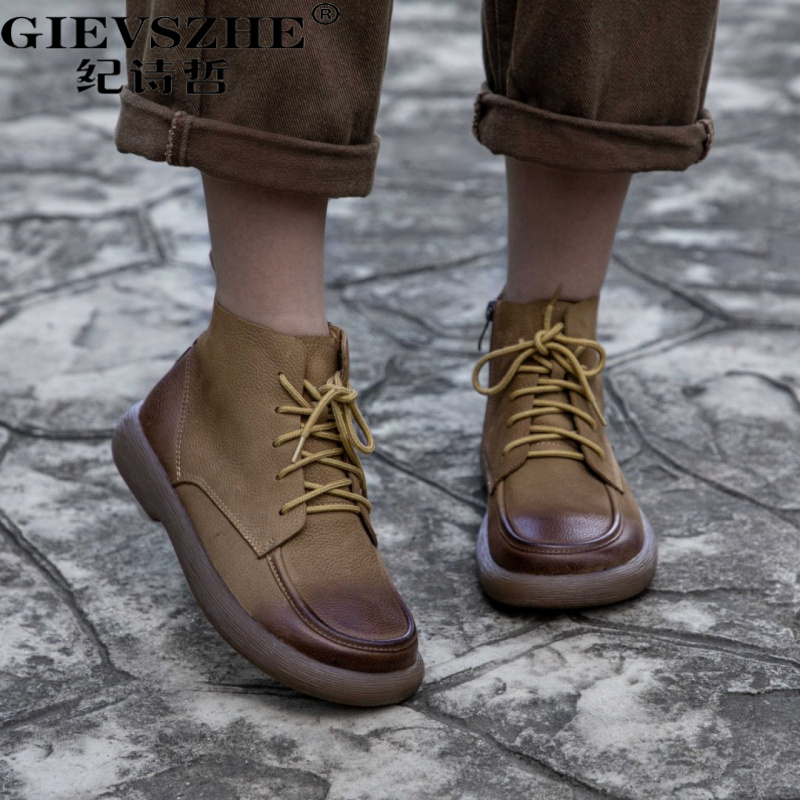 纪诗哲磨砂牛皮马丁靴女2025秋季新款复古真皮短靴平底舒适靴子