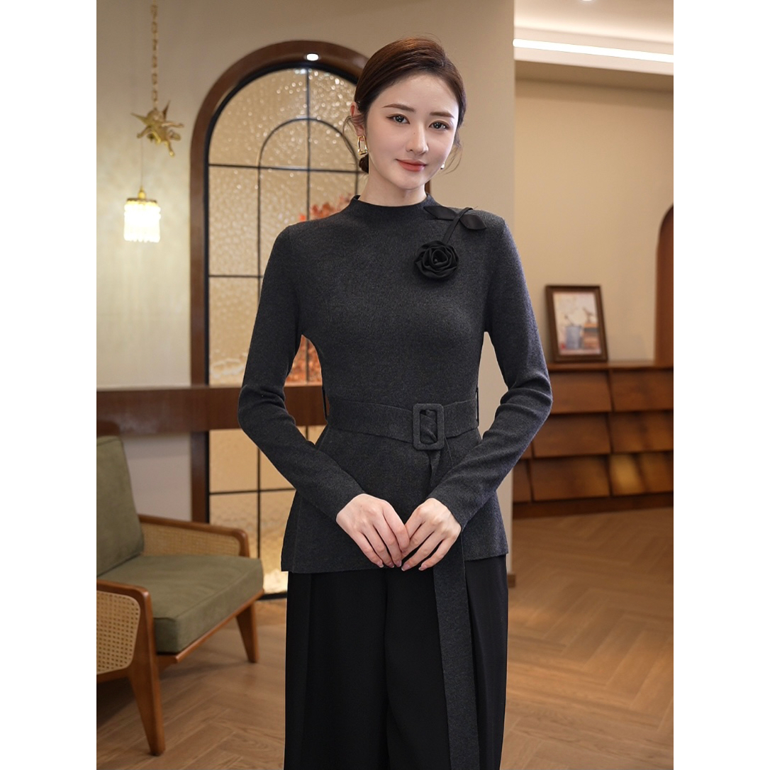 2026秋冬新款【8450】含绵羊毛时尚配腰带显瘦灰色收腰修身针织上