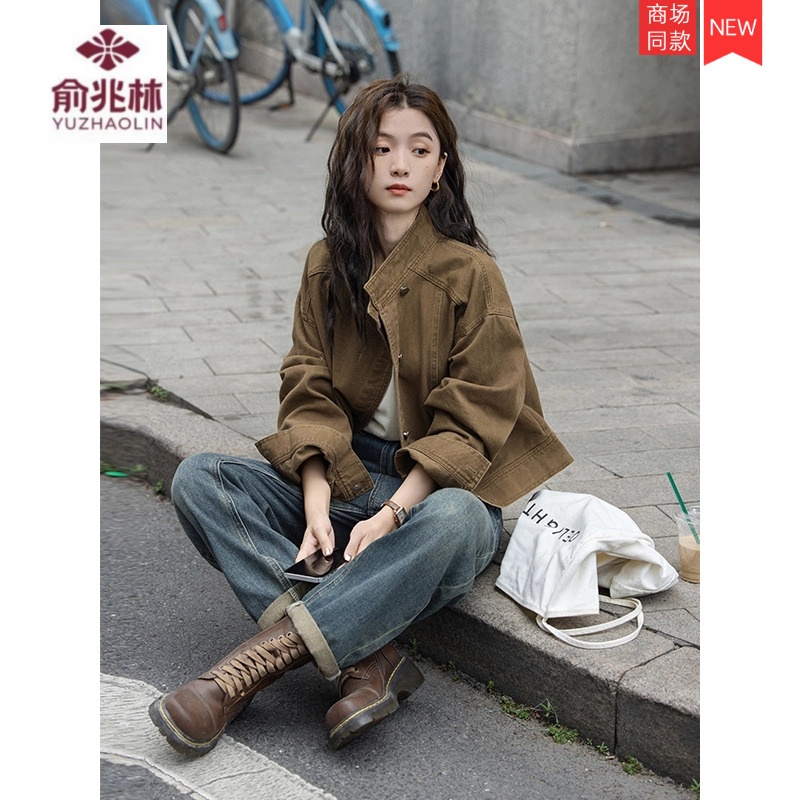 复古咖色牛仔短外套2025早春新款宽松立领工装夹克上衣春秋休闲