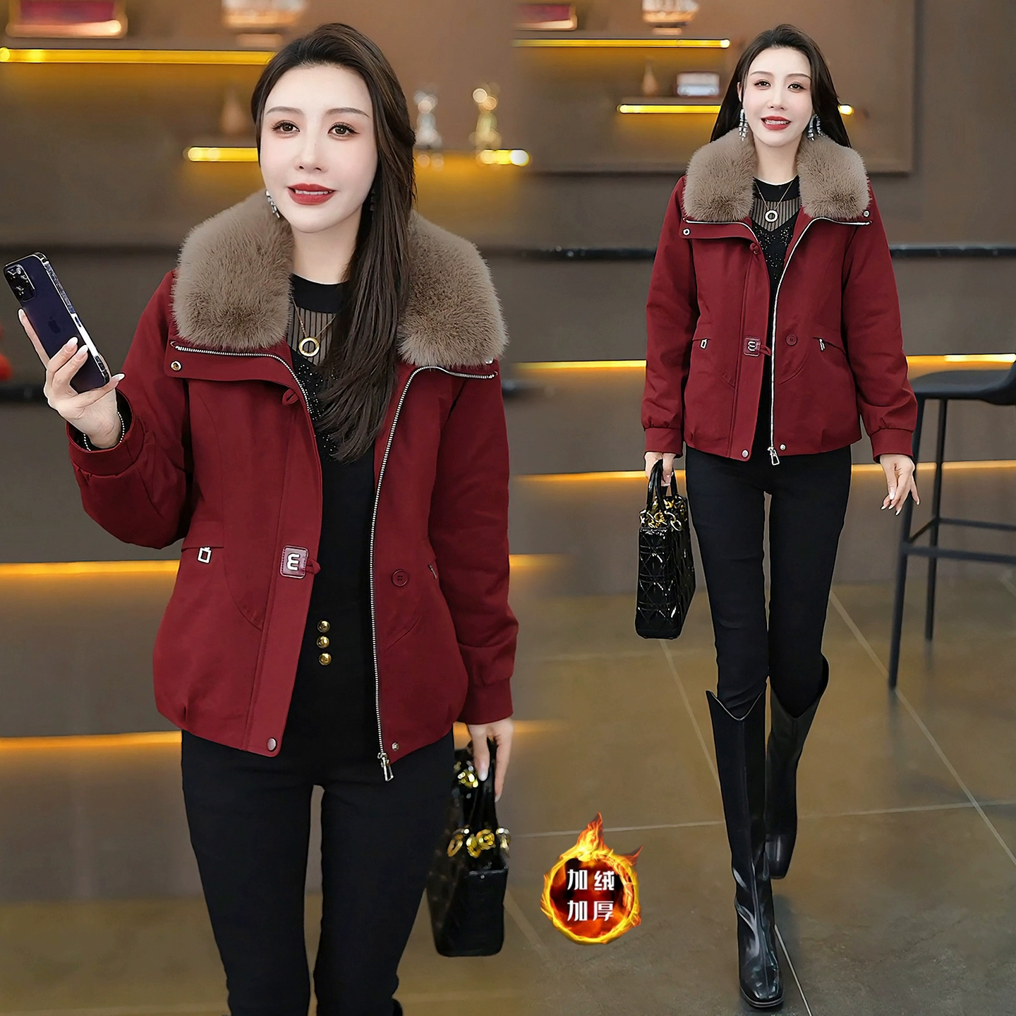加绒加厚大毛领短外套女2025冬季新款保暖派克服洋气休闲夹克上衣