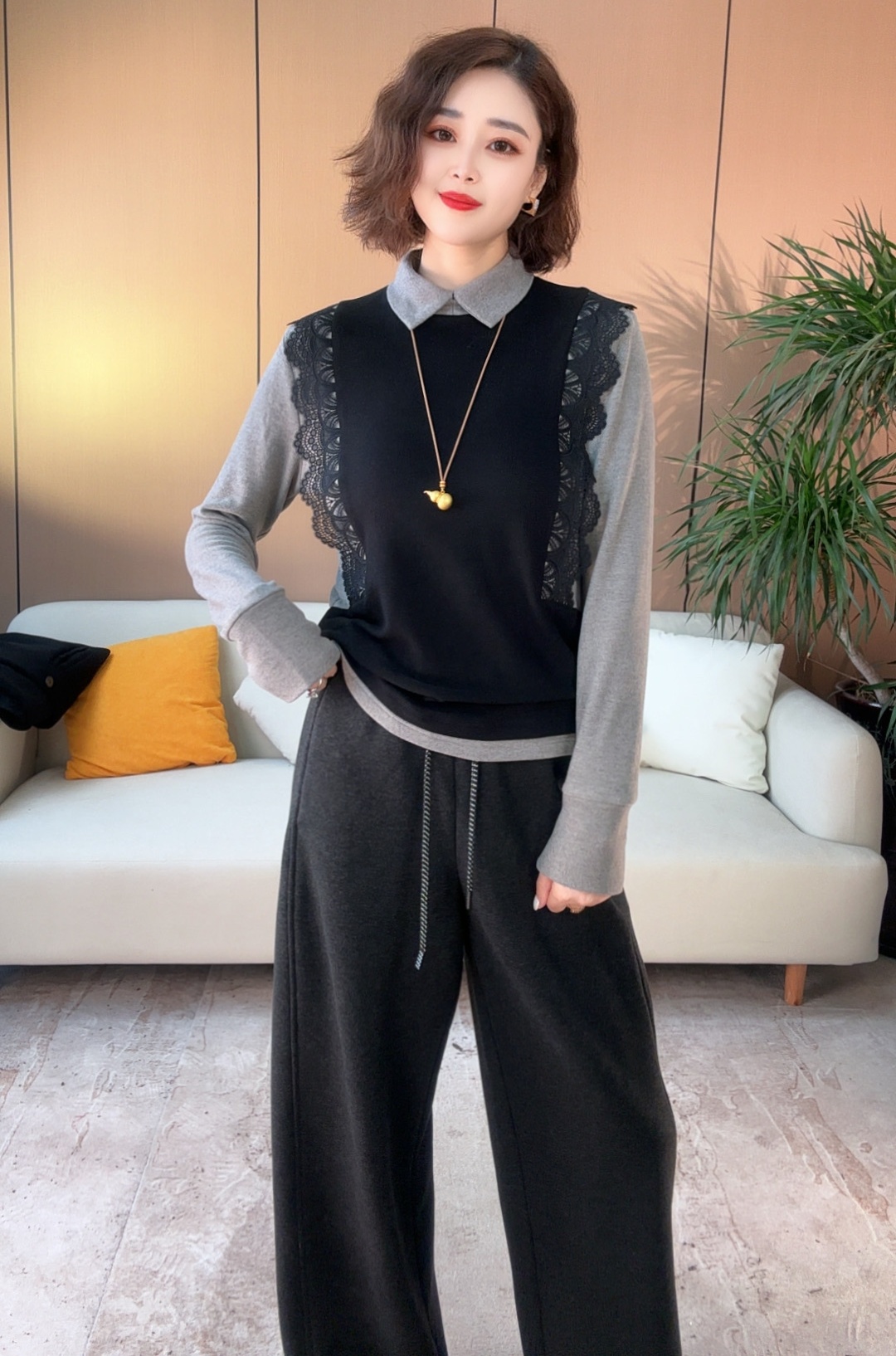 秋冬拼色花边衬衫领双面加绒衬衣保暖显瘦休闲女士上衣1110