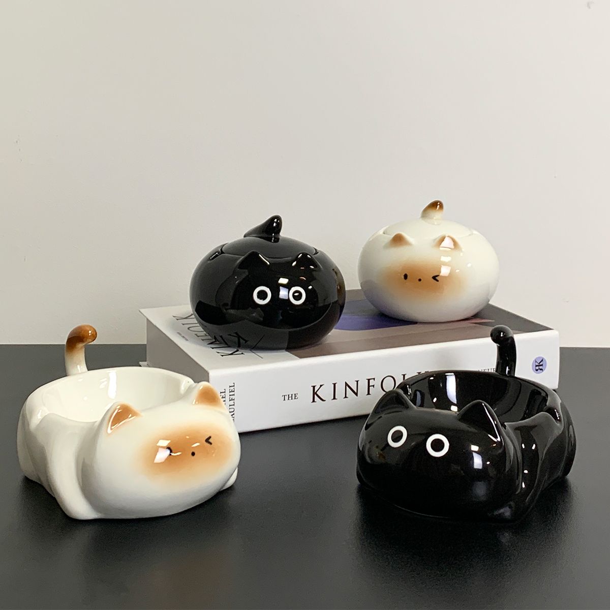 陶瓷暹罗猫卡通带盖防飞大号烟灰缸家用装饰可爱伴手礼礼物家居