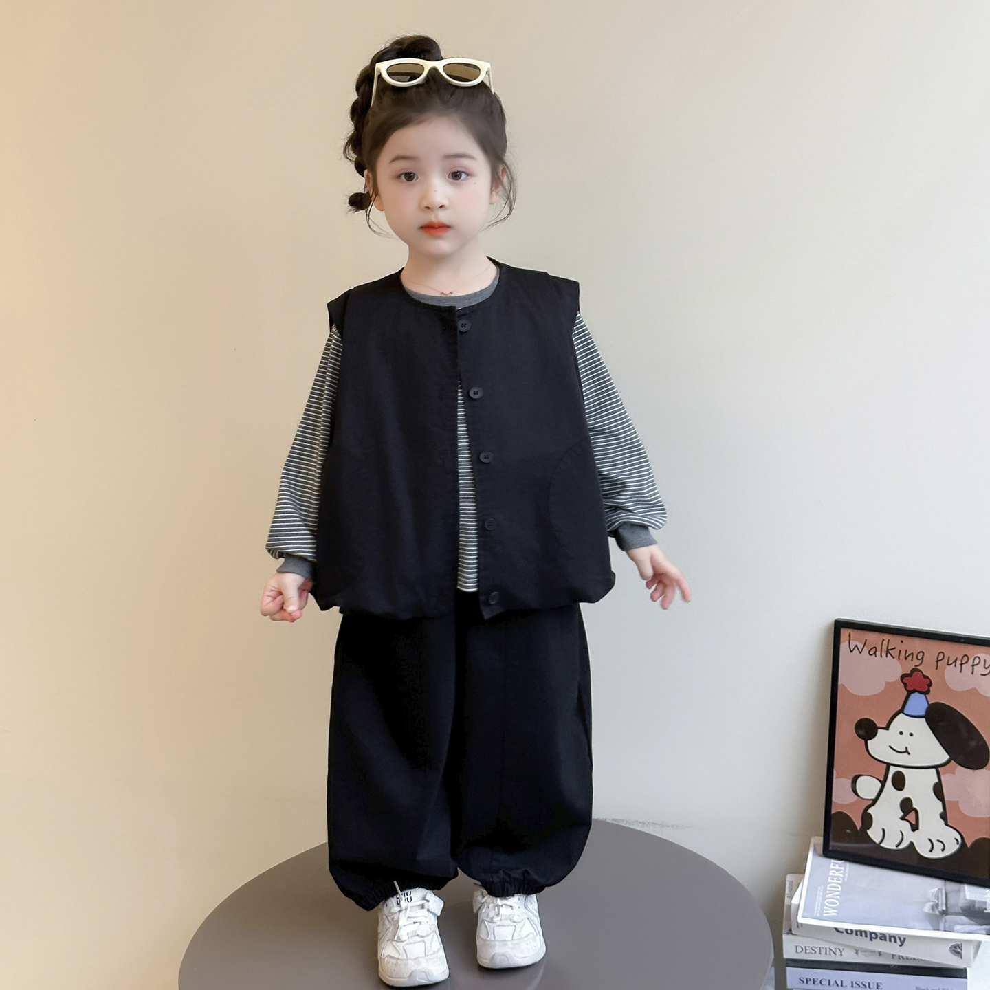 女童韩系套装秋季2025新款儿童马甲条纹打底衫三件套宝宝春秋衣服