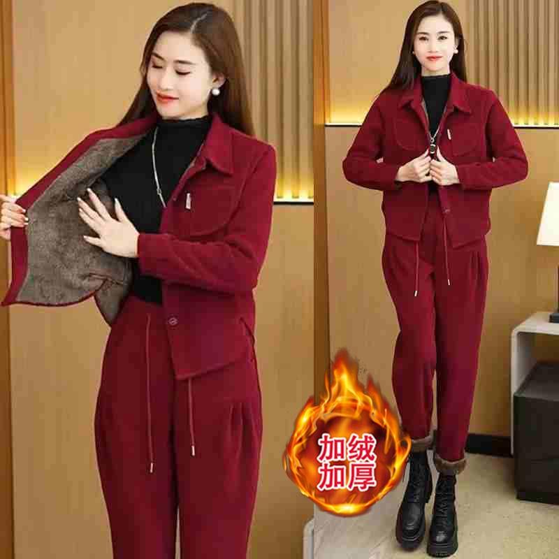 秋季穿搭加绒加厚时尚休闲套装女2025秋冬新款减龄小个子开衫卫裤