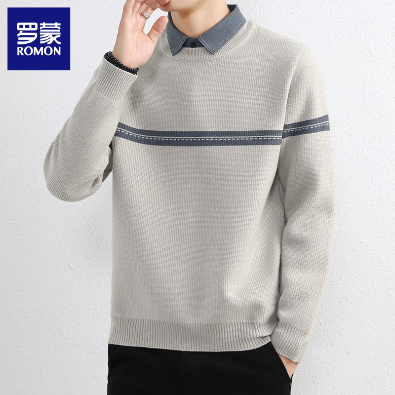 罗蒙撞色假两件毛衣男士衬衫领线衣秋冬季新款青年加厚高端针织衫
