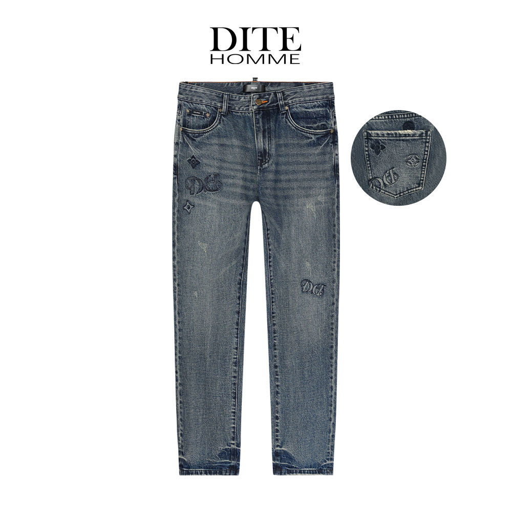 DITE男装 复古印花牛仔裤休闲风潮流直筒制宽松时尚复古韩版做旧