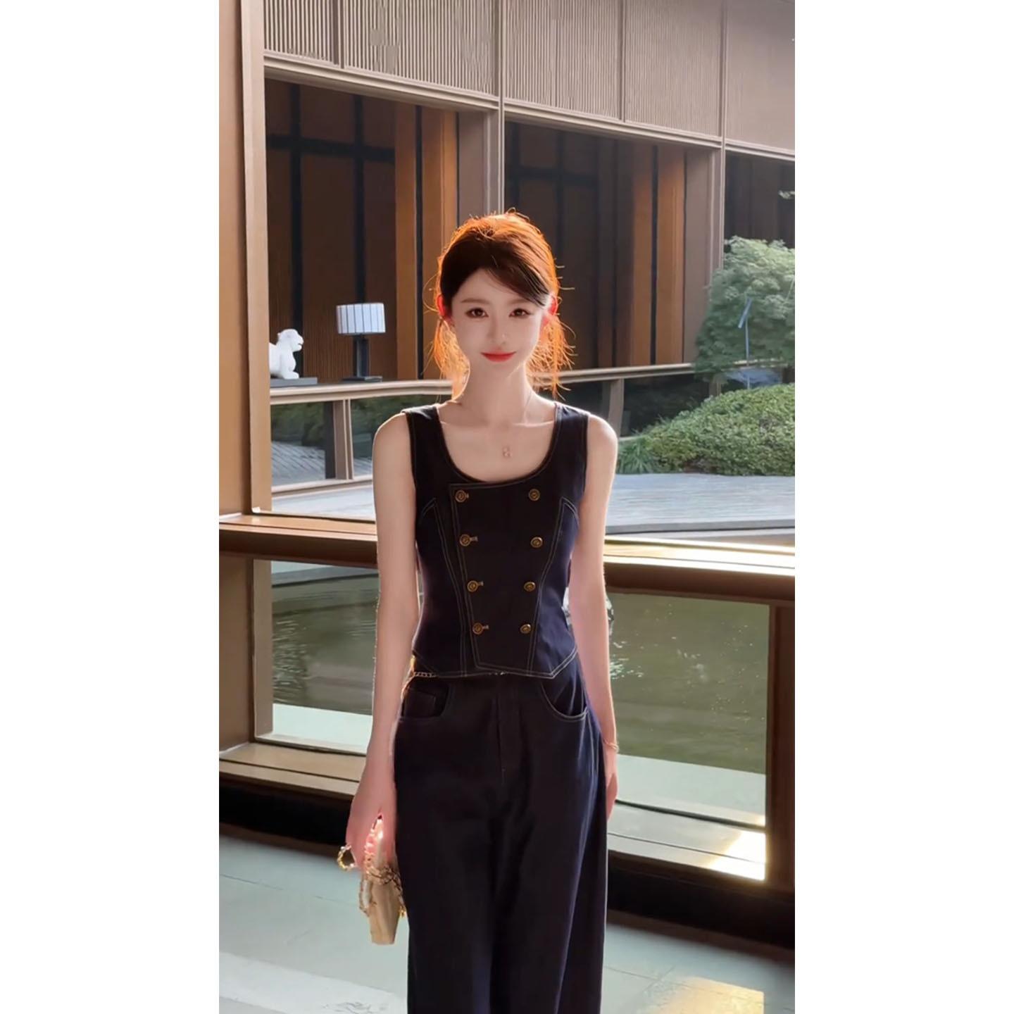 定制【美貌野心家】美式辣妹牛仔背心女夏季2025无袖上衣休闲裤套装