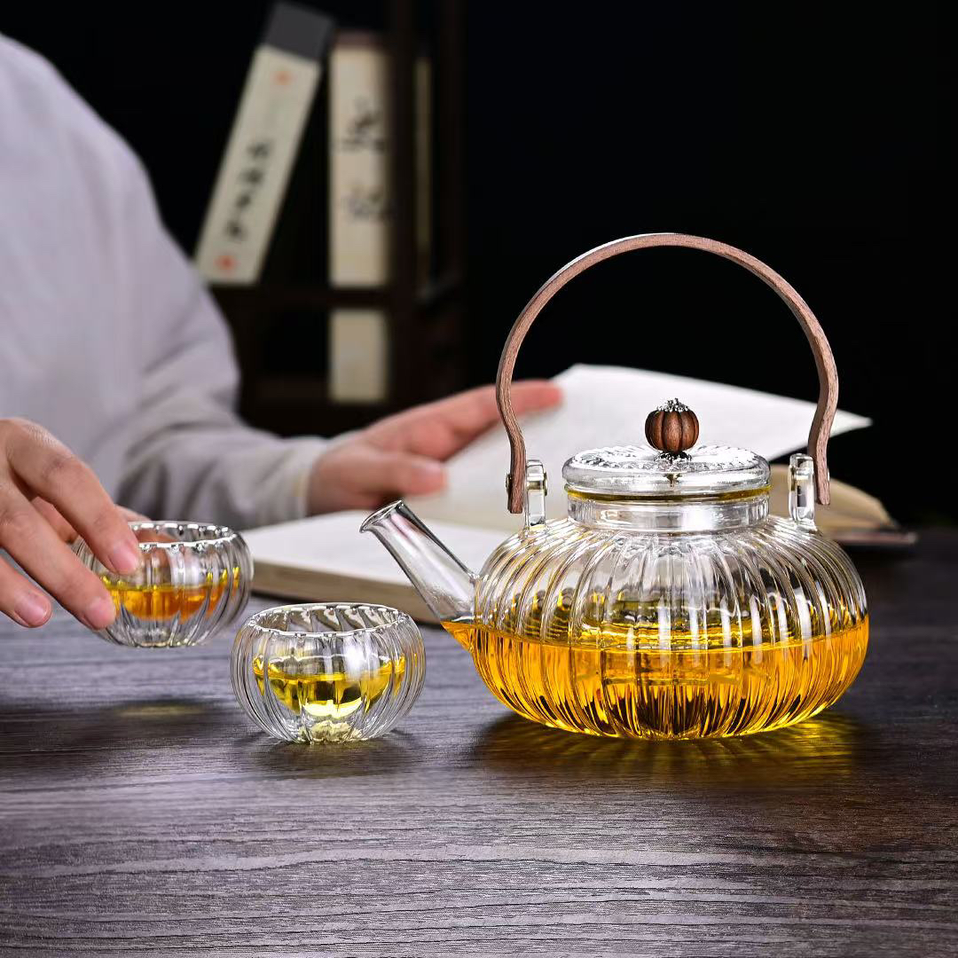 南瓜提梁壶高硼硅耐热加厚煮茶壶花茶壶透明泡茶壶南瓜杯