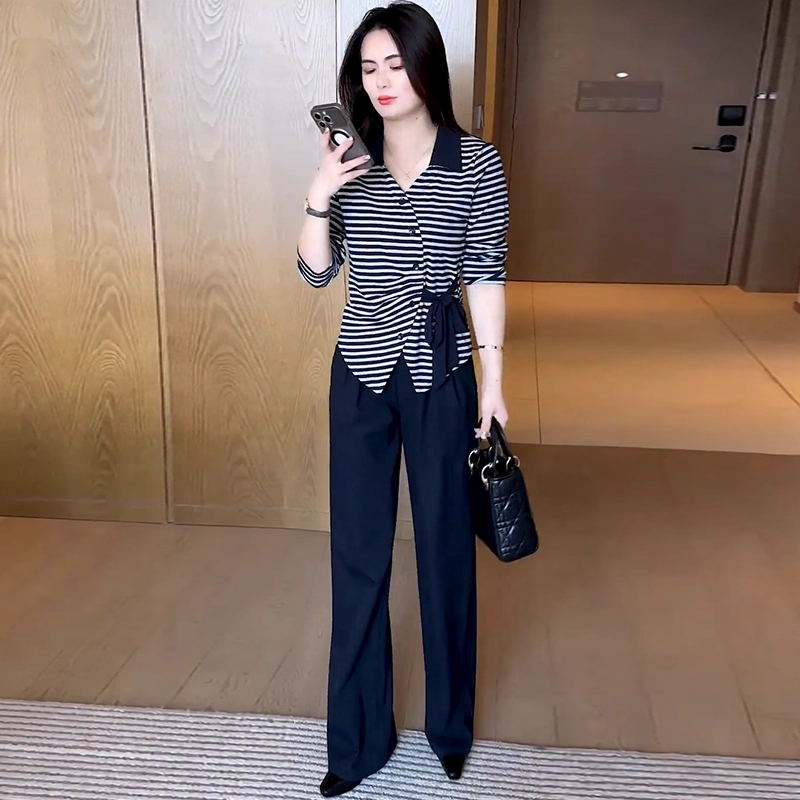 时尚套装女2025秋季新款洋气不规则条纹长袖上衣显瘦休闲两件套潮