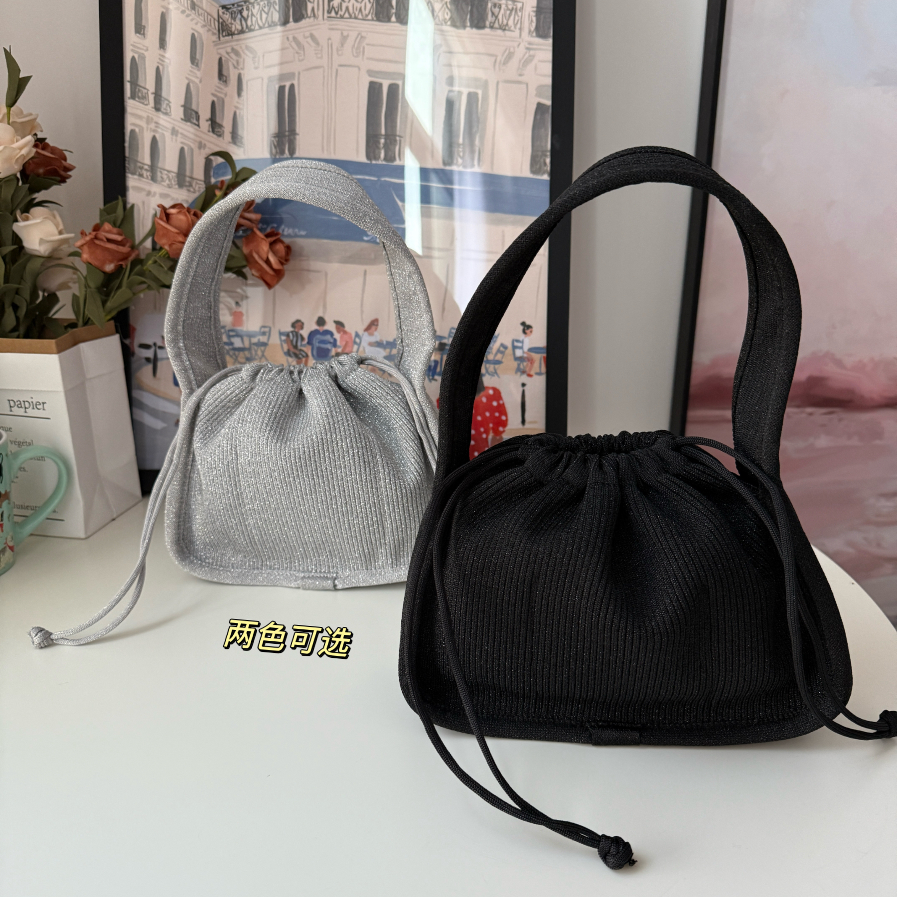 美亚恩NANA新款针织抽绳手拎水桶包轻便手提包夏季小包C0153