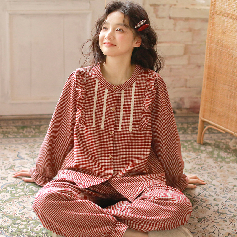 纯棉磨毛圆领格子长袖长裤睡衣家居服套装家居服秋冬女士休闲