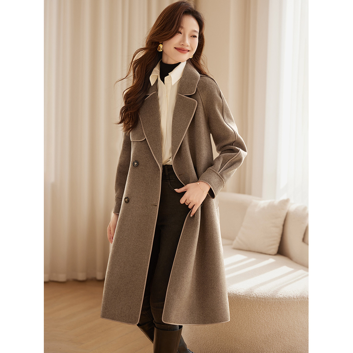 包边设计双面含羊毛大衣女2025秋冬翻领直筒中长款双面毛呢外套