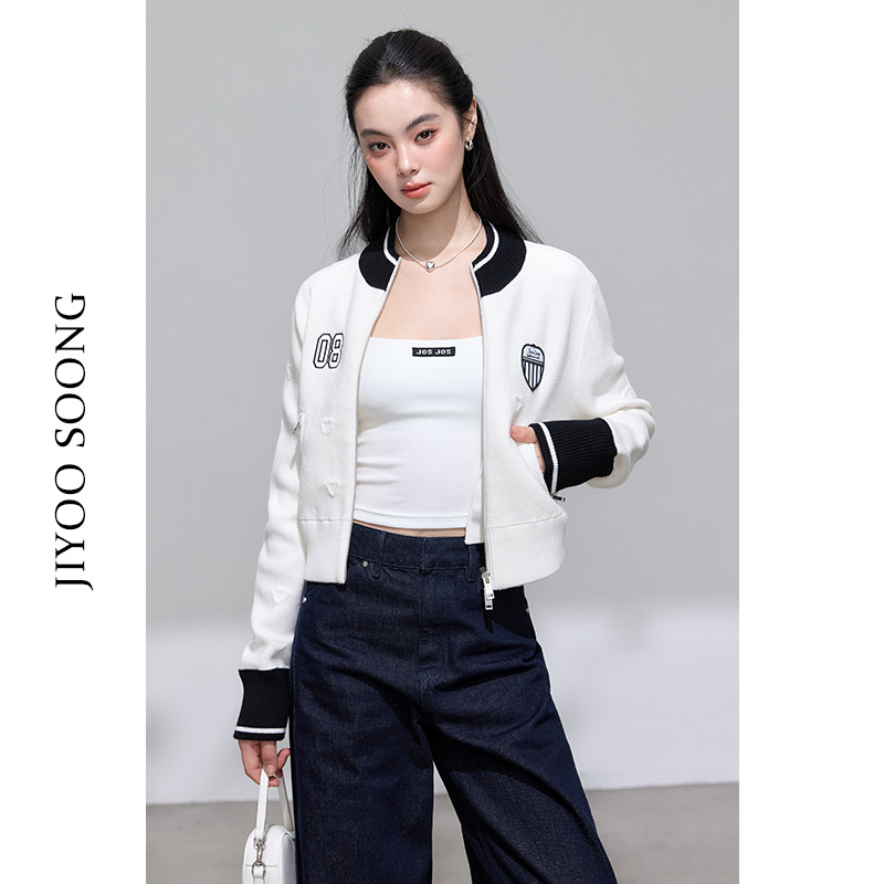JIYOO SOONG | 美式复古爱心提花撞色运动棒球服针织短外套