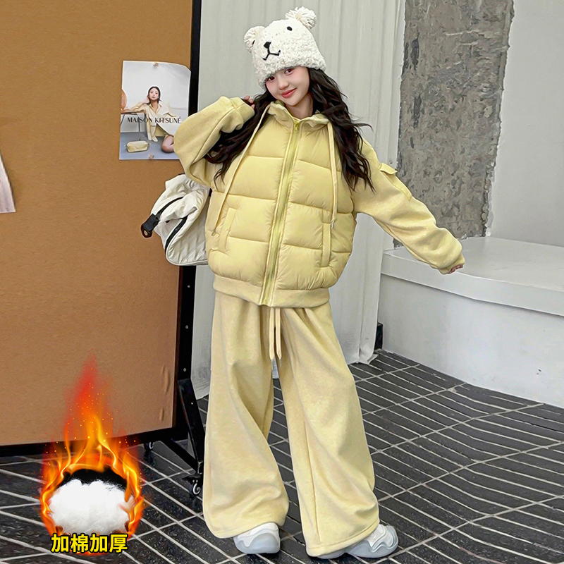 女童秋冬款加绒加厚套装女大童休闲时髦儿童冬装夹棉外套两件套潮