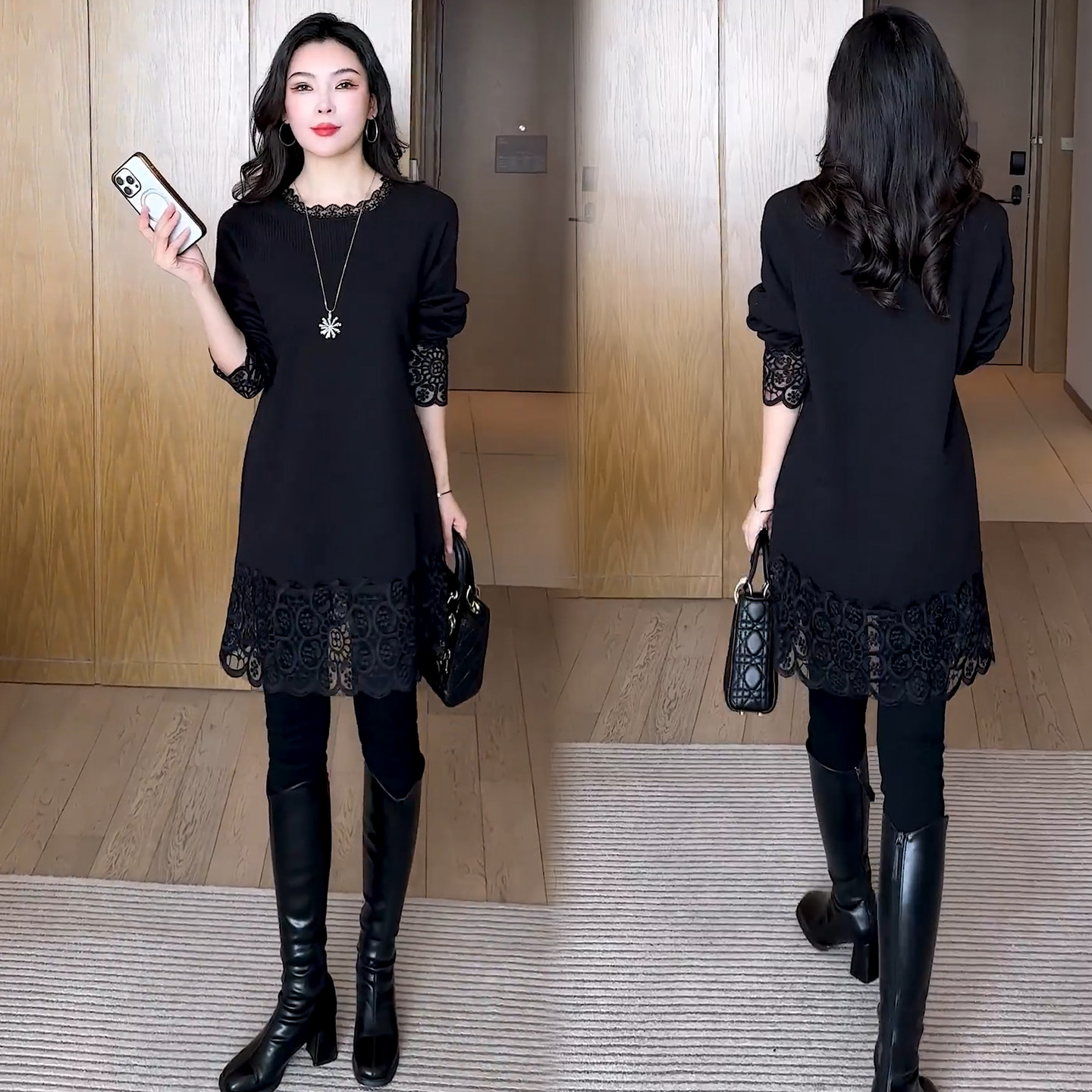 黑色蕾丝拼接长袖T恤女2025冬季新款洋气宽松遮肉显瘦中长款上衣