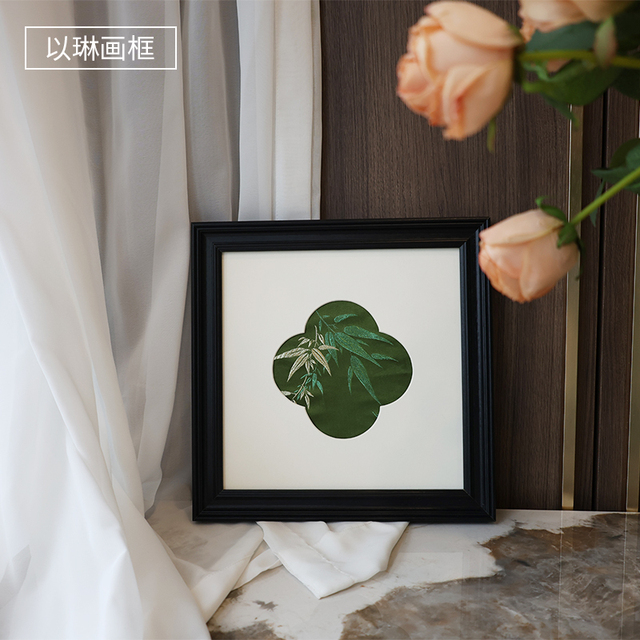 以琳画框新中式海棠花卡纸画框复古黑色装裱油画竹叶布水彩画相框