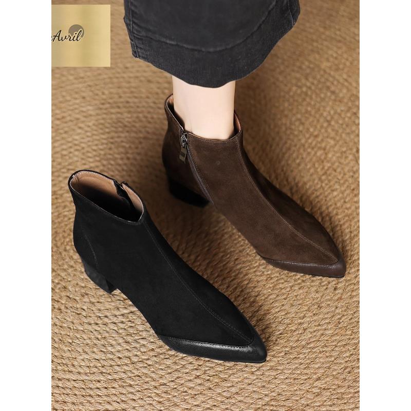 PinkAvril2025秋冬法式复古磨砂拼接切尔西短靴女粗跟尖头英伦风