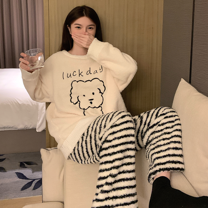 珊瑚绒睡衣女秋冬季加绒加厚条纹小狗冬天软绵绵长毛绒家居服套装