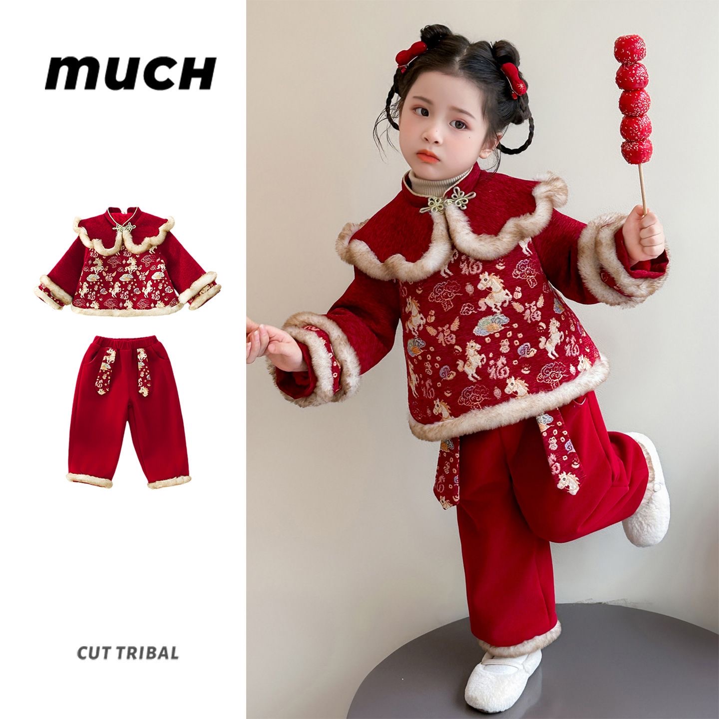 中国风两件套~拜年服冬装2025新款女童唐装女宝宝红色新年衣服