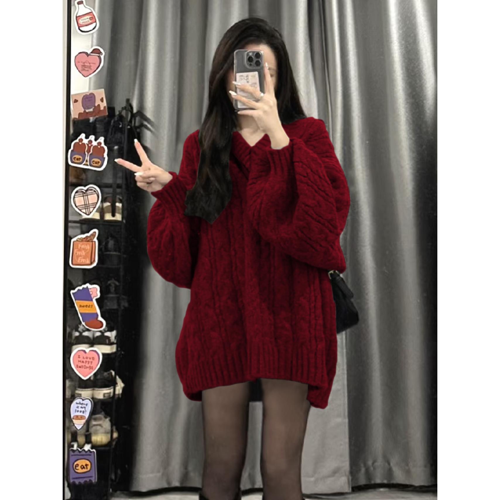 大码胖MM复古V领酒红色麻花毛衣女秋冬慵懒软糯宽松百搭针织上衣