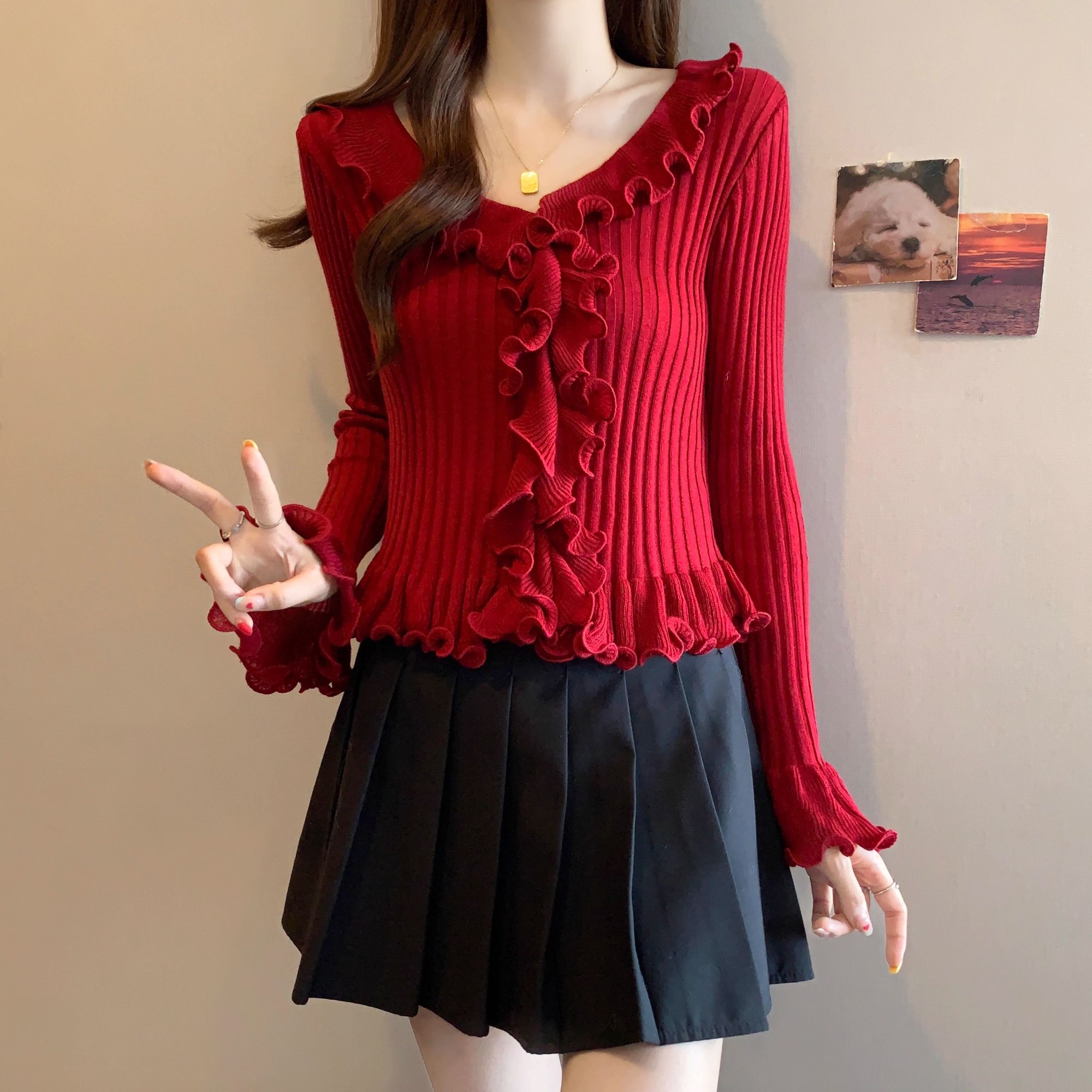 法式木耳花边长袖针织衫女2025秋冬新款设计感洋气显瘦修身上衣潮