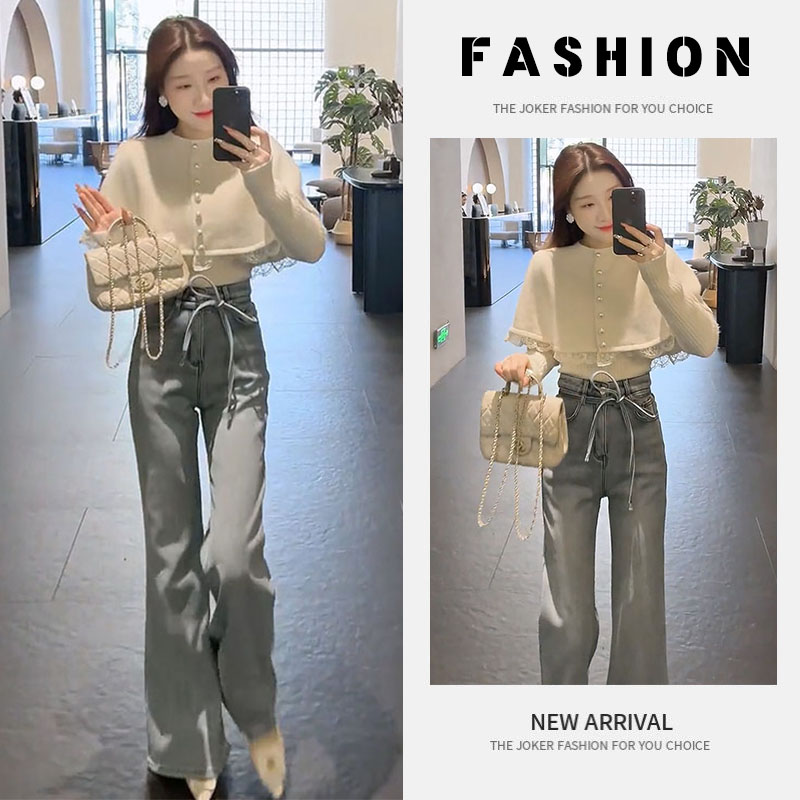 2025秋冬套装女新款洋气蕾丝花边斗篷披肩针织毛衣牛仔裤三件套潮