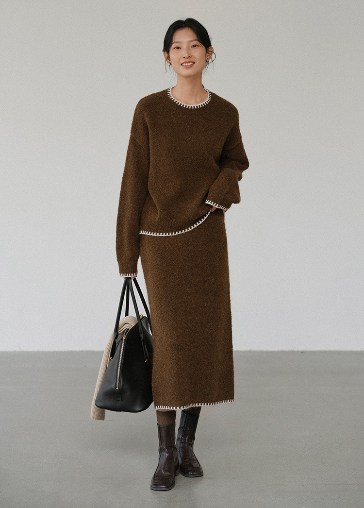 时尚套装复古美拉德针织衫套装秋冬新款撞色花边气质半身裙两件套