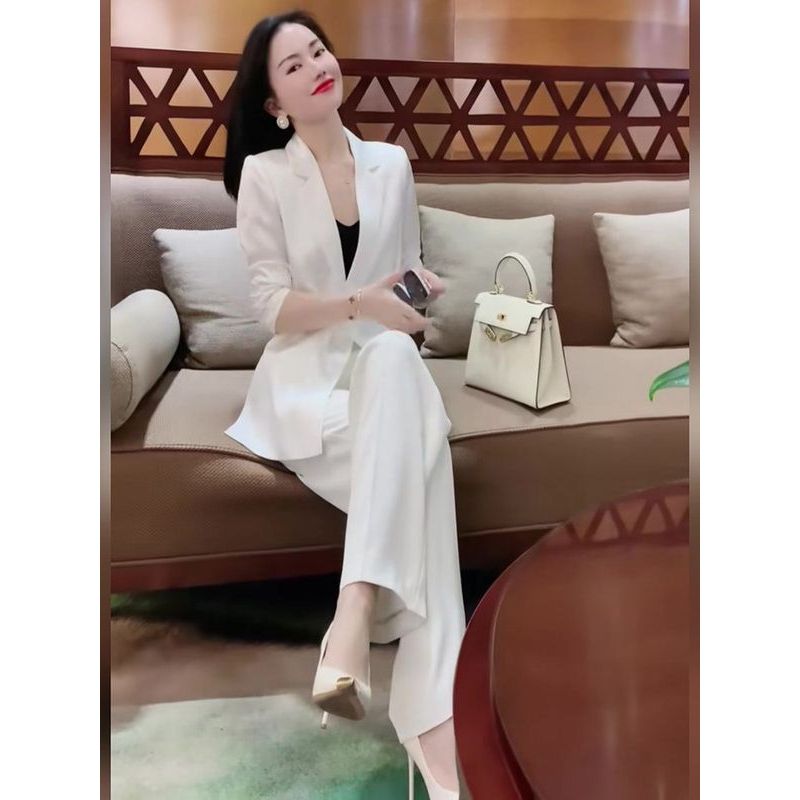 夏季2025新款时尚御姐高级感白色正装职业西装阔腿裤套装两件套女