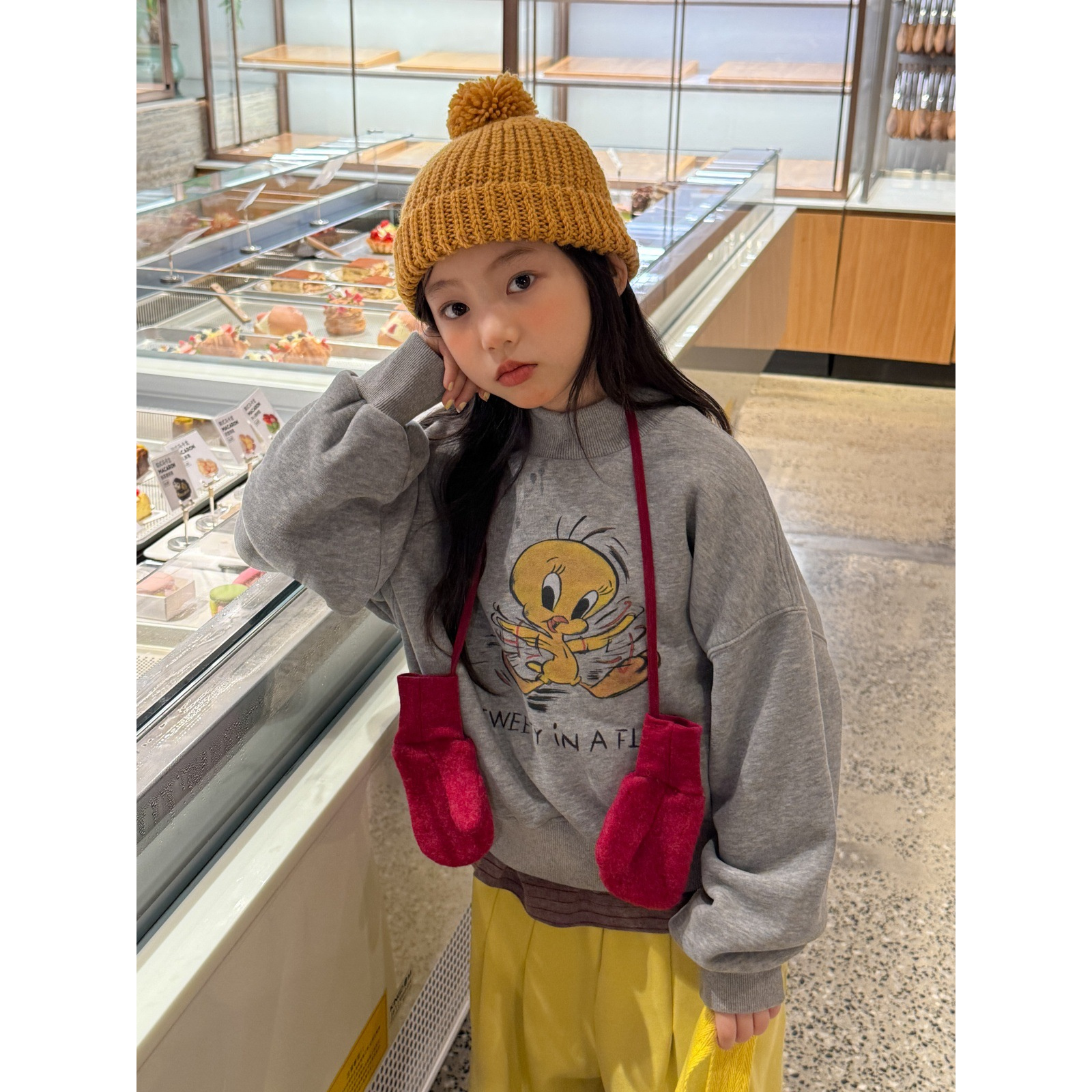 LJ-72392-TBB童装女童卫衣2025秋冬新款小鸭子加绒卫衣萌趣印花