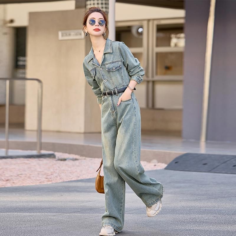 欧货复古西装牛仔连体裤女时尚炸街工装显瘦阔腿连衣裤温柔知性