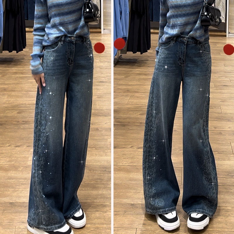 设计感激光烧花烫钻牛仔裤女秋季新款高腰弹力宽松显瘦窄版直筒裤