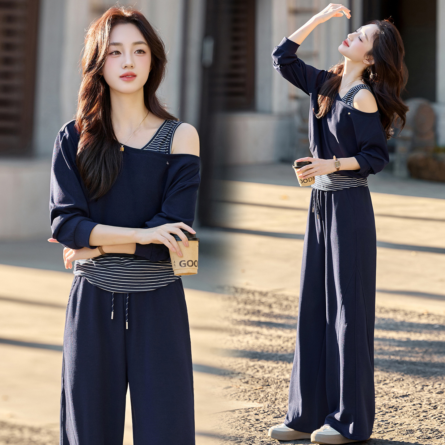 休闲风时尚两件套装2025春秋新款显瘦时尚洋气气质露肩上衣宽松女