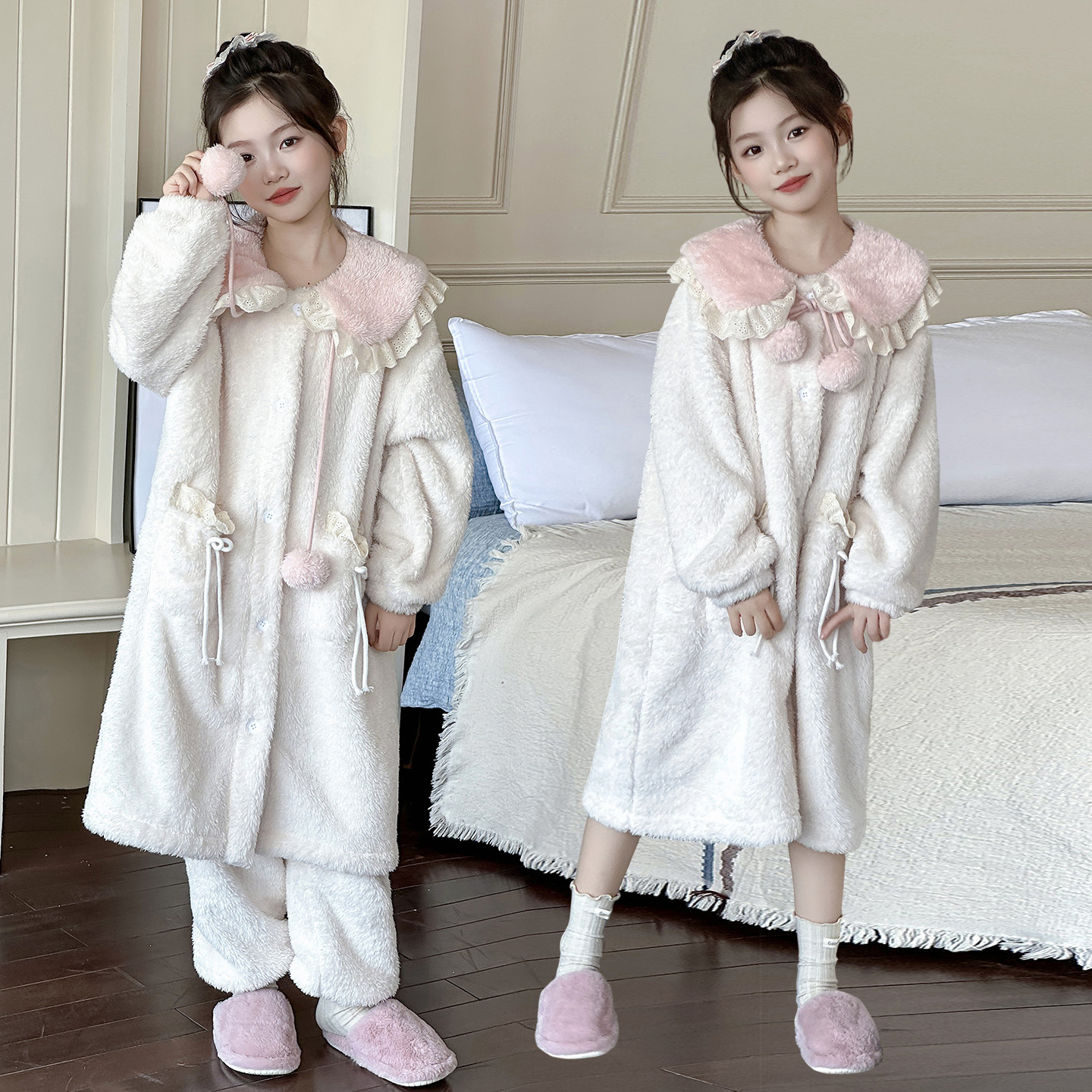 女童甜美可爱花边珊瑚绒睡衣2025秋冬加绒加厚连帽睡袍长裤家居服