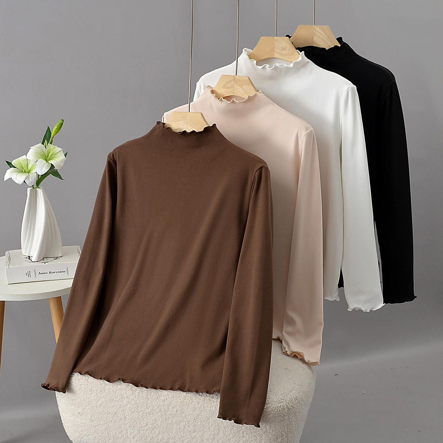 大码胖mm半高领木耳边德绒长袖正肩T恤女宽松百搭休闲内搭打底衫