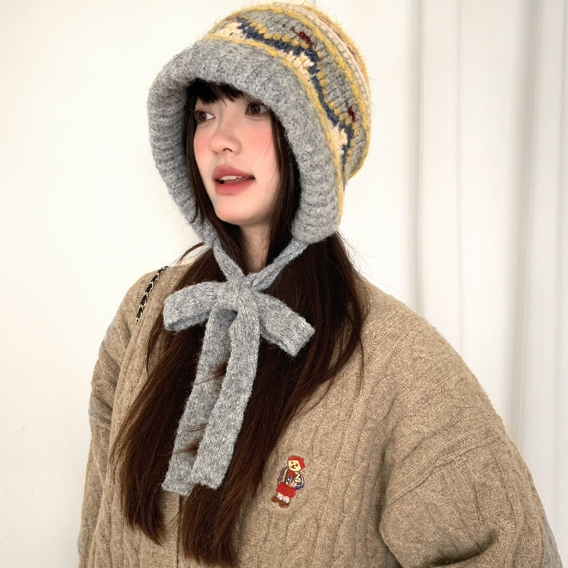复古费尔岛针织巴拉克拉法帽子女款秋冬季天保暖显脸小毛线帽灰色