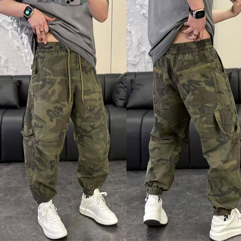 特大码300斤痞帅迷彩工装裤男秋季宽松束脚裤立体剪裁弯刀休闲裤