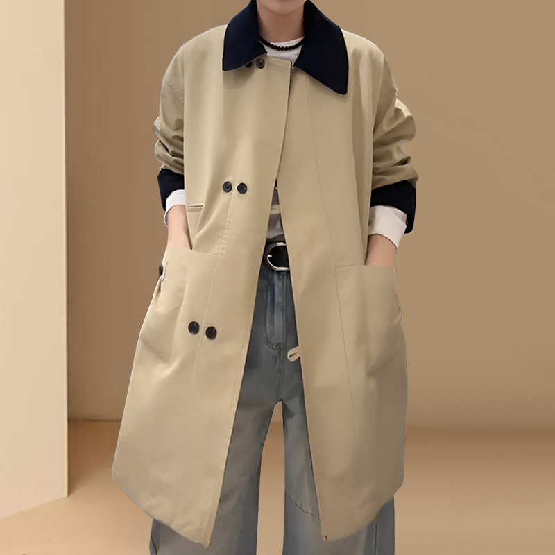 2026春秋季中长款拼接撞色风衣韩版宽松小个子百搭显瘦休闲外套女