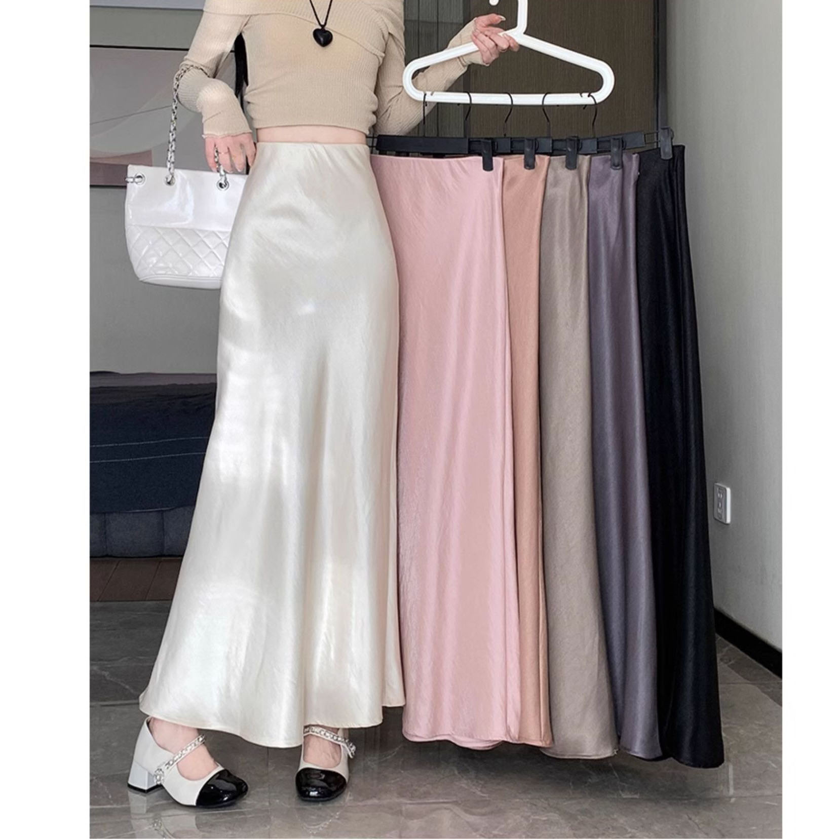 网红珠光缎面鱼尾半身裙女秋冬复合新款高腰垂感百搭半身a字裙669