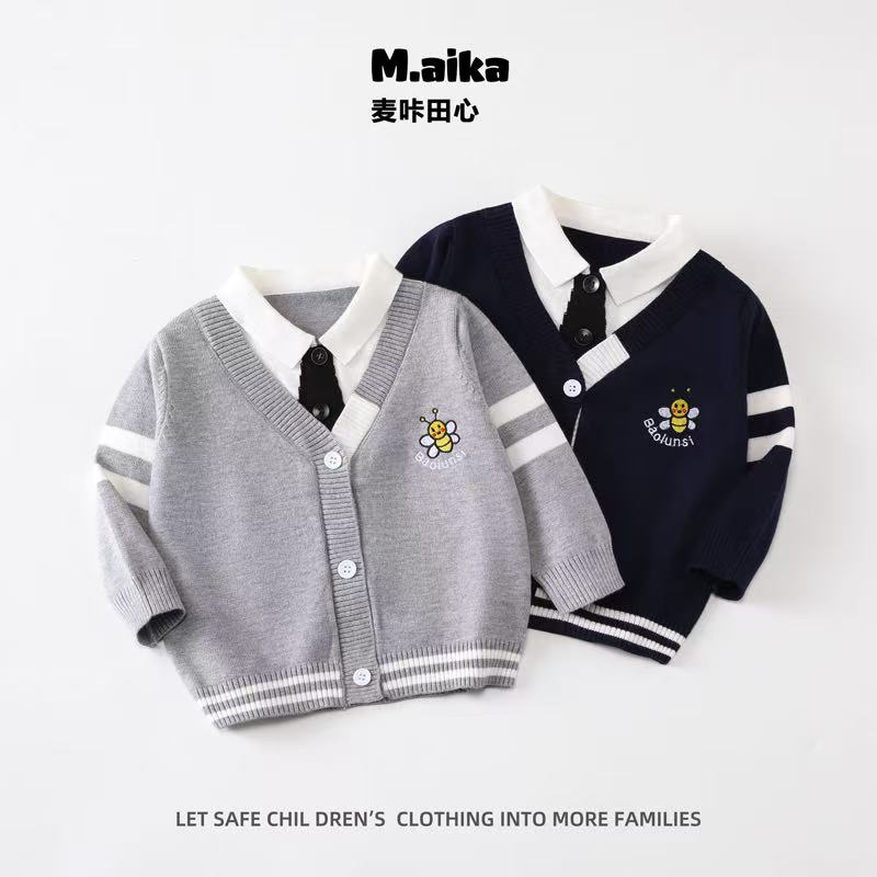 时尚男童假两件新款春秋学院风单排扣针织毛衣外套潮款小童