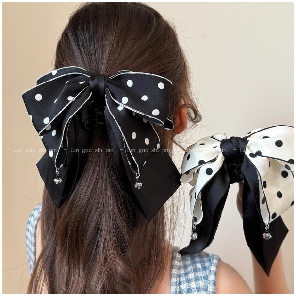 日韩通勤气质优雅圆点蝴蝶结水钻马尾夹后脑勺盘发夹轻奢波点抓夹