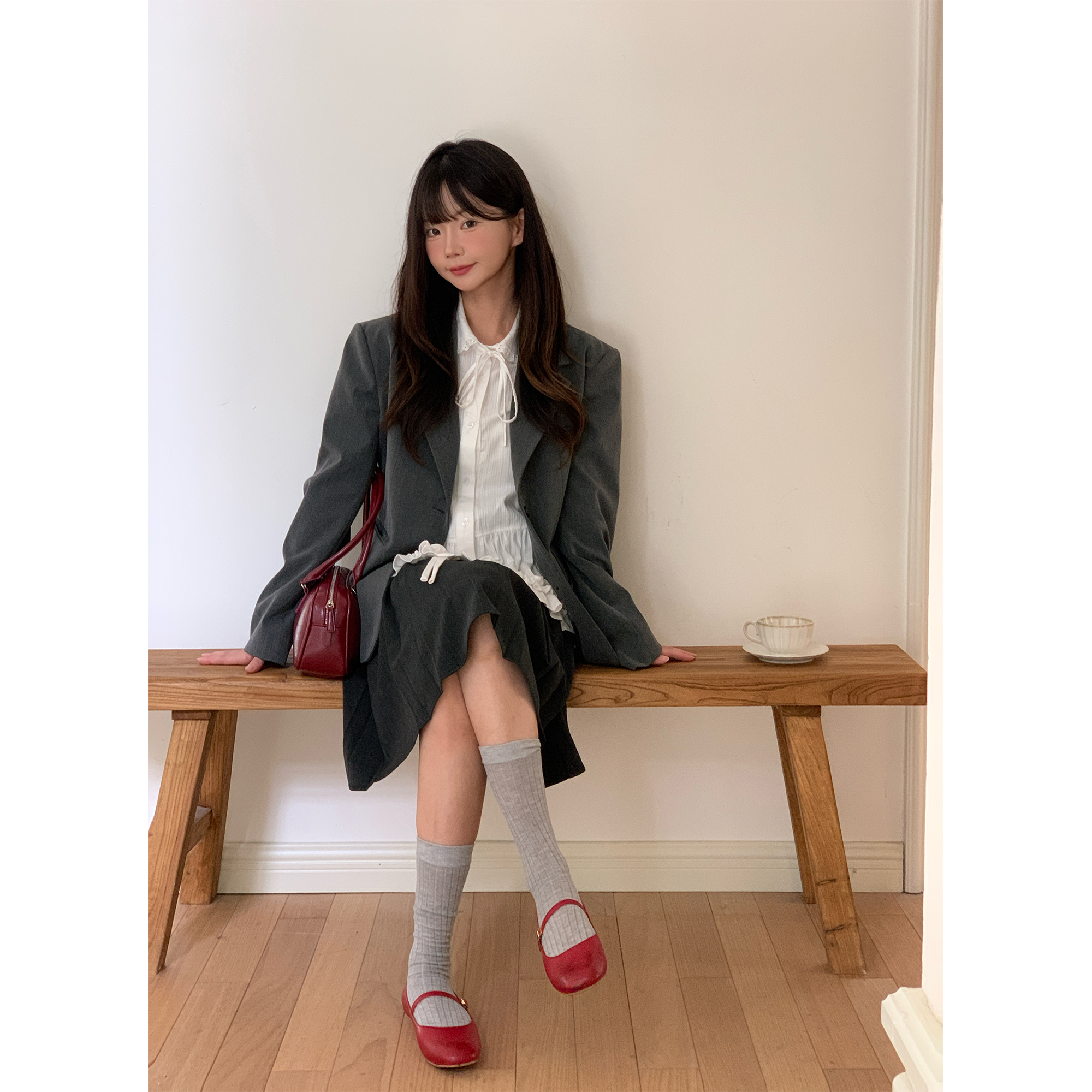 ANA 韩国设计师品牌 高智感韩女刺绣挺阔垫肩宽松长袖西装外套