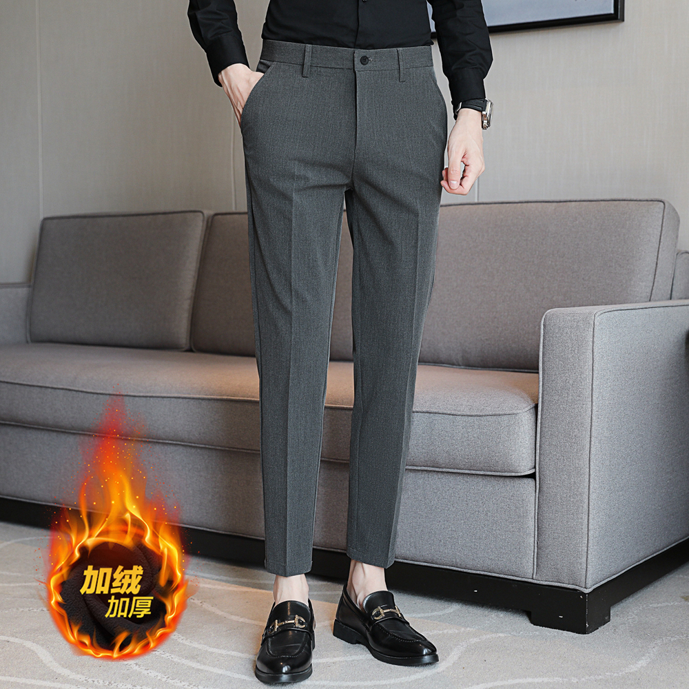 秋冬加绒加厚九分西裤男士修身小脚商务休闲裤百搭西装裤保暖长裤