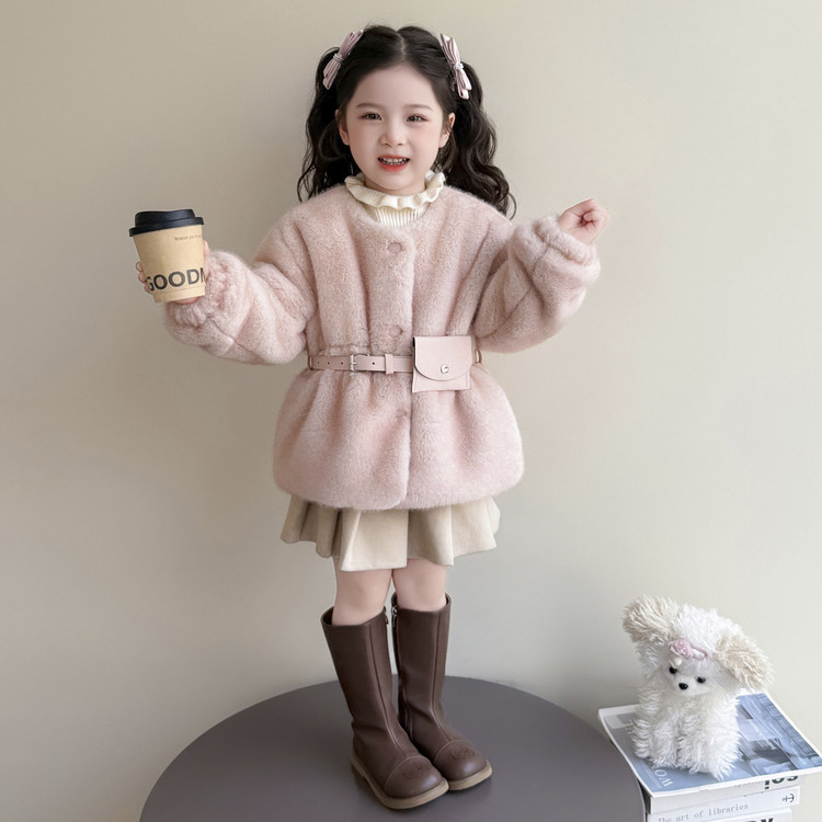 女童加绒外套秋冬季2025新款儿童韩版加厚毛毛衣宝宝洋气收腰大衣