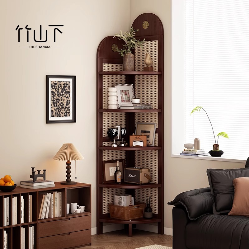 置物架多层收纳架家用简约三角柜客厅复古落地转角柜新中式储物架