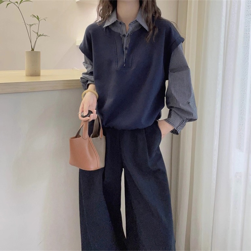 秋季大码女装胖MM独特漂亮假两件拼接格子长袖衬衫女宽松慵懒上衣